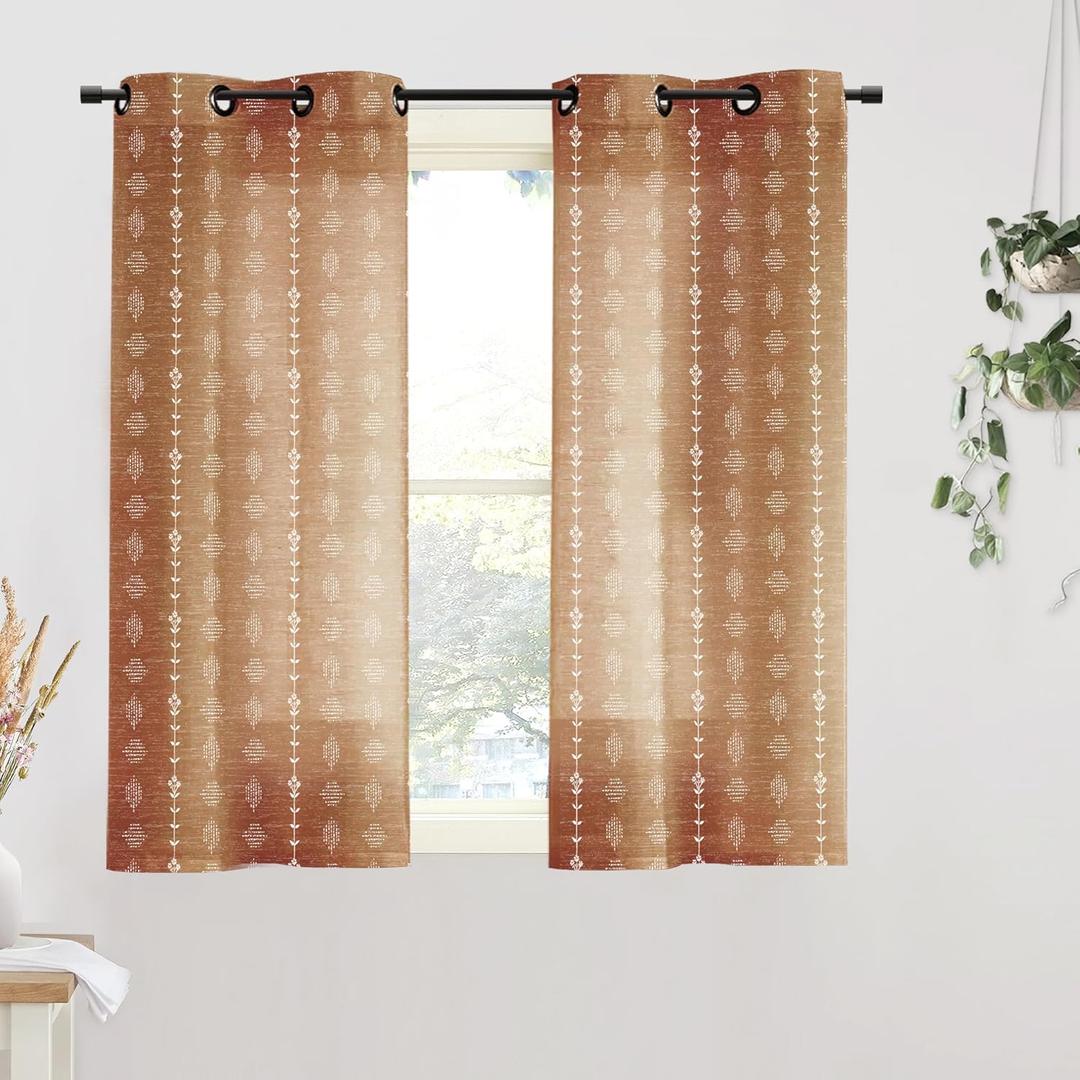 Short Curtains Sets for Kitchen Windows,Sheer Boho Vintage Farmhouse Western Bathroom Decor,Terracotta Red Rust Orange, 24"W x 45"L (Pack of 2)