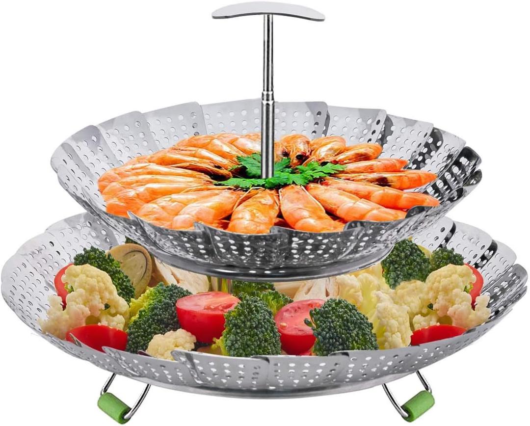 LHS Steamer Basket, Double Layer Stainless Steel Vegetable Steamer Basket Insert for Veggie Fish Seafood Cooking, Expandable to Fit Various Size Pot (7.5" to 11.4") Small & Large