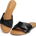 ATHMILE Sandals Women Dressy Summer Flat Comfortable Fashion Beach Cute Ladies Slides Leather Casual Dress Women's Sandals 2025 Size 6-11 (7, Black)