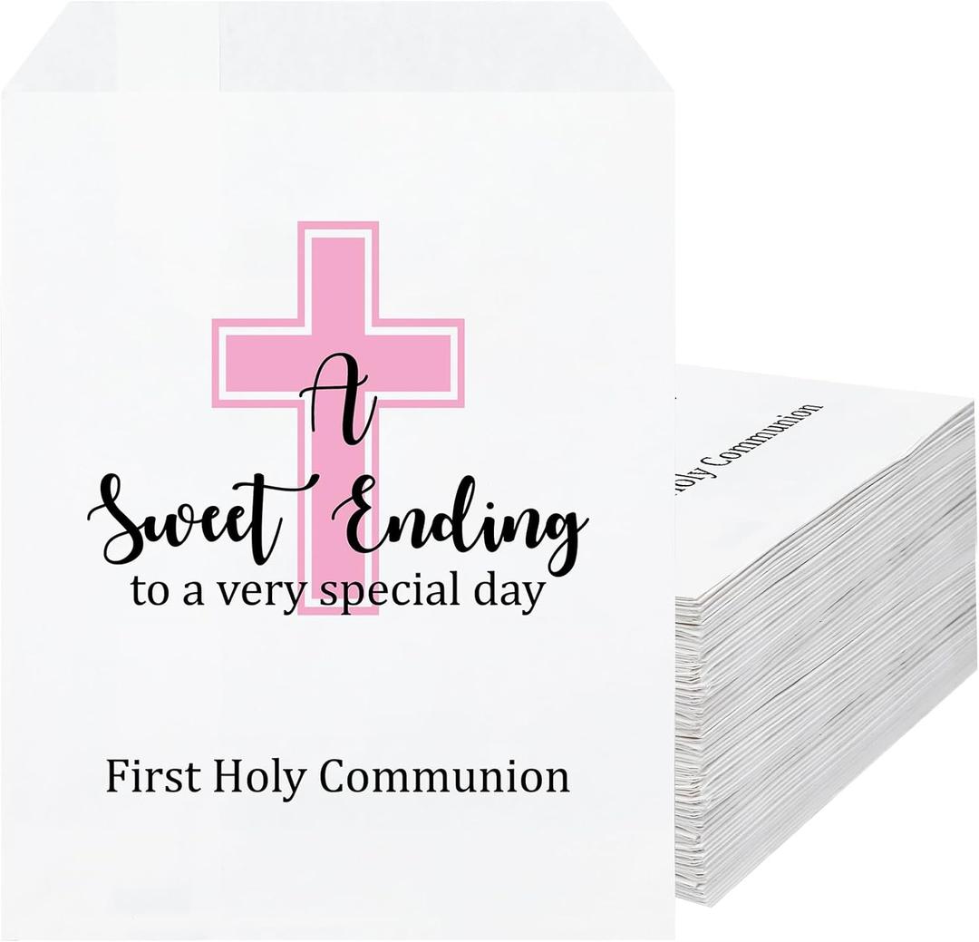 Sweetude 100 Pcs First Communion Treat Paper Bags 5 x 7 Inch Baptism Cross a Sweet Ending Snack Bags for Religious Events Easter First Holy Communion Baptism Party Favor Candy Cookie Storage(Pink)