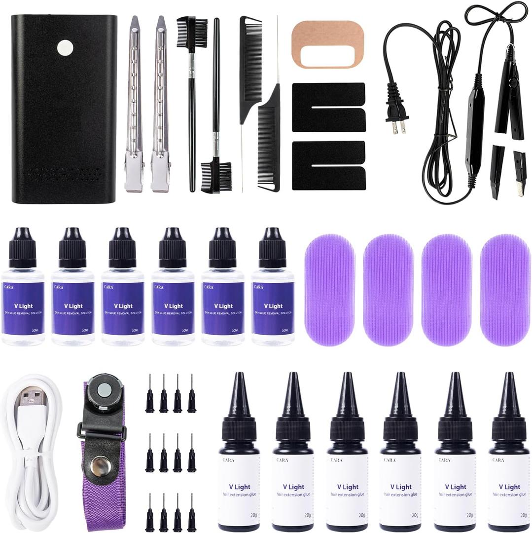 V Light Hair Extensions Kit V-Light Extension Machine V-Light Extension Remover Machine .V-Light Glue 20g * 6 v Light Glue Remover Solution 20ml * 6(Black Machine Set 2)