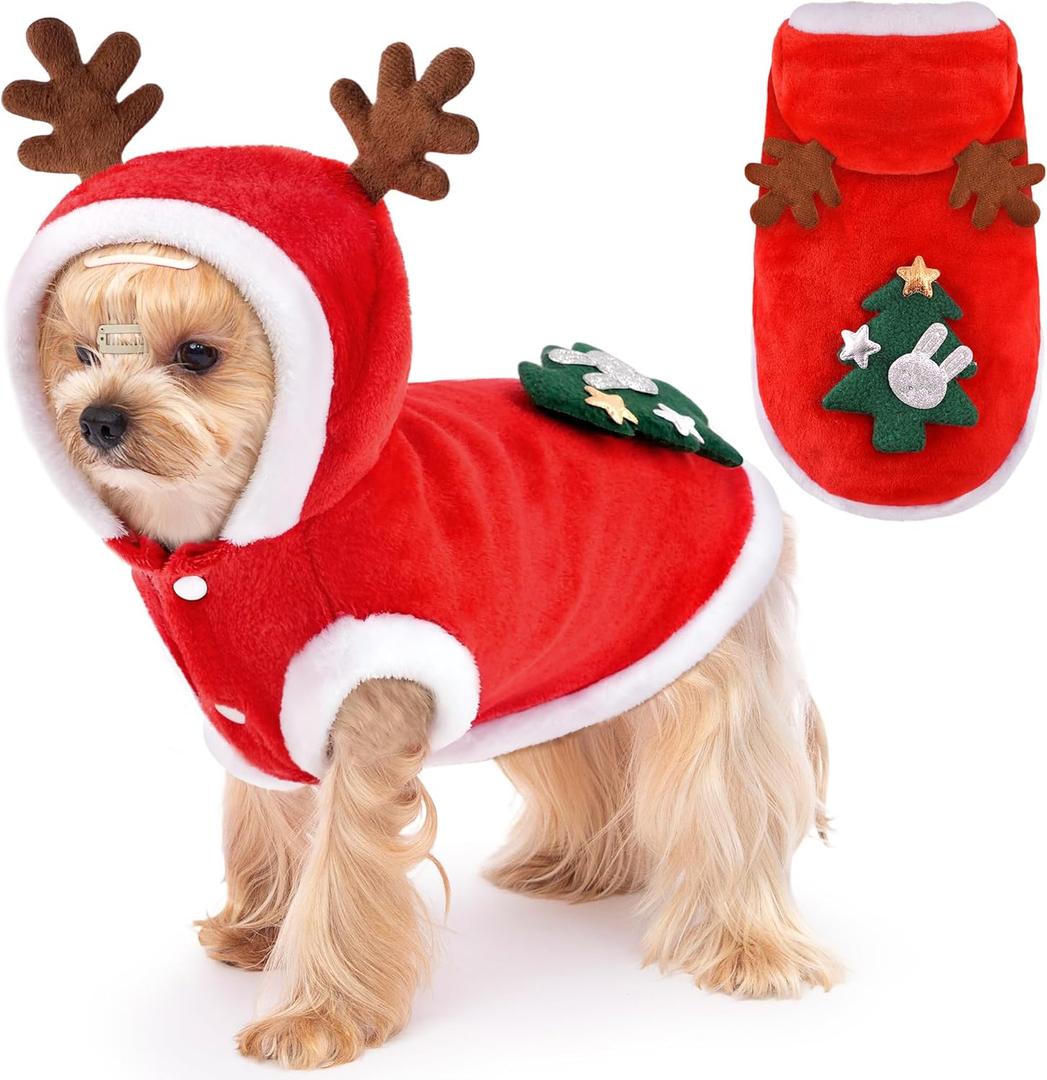Dog Christmas Costume Funny Dog Christmas Outfit Cute Santa Hoodie for Small Medium Dogs with Reindeer Antler Hood for Cats Dogs Puppy Pets Holiday (S (Back: 9.8",Chest: 13.7"))