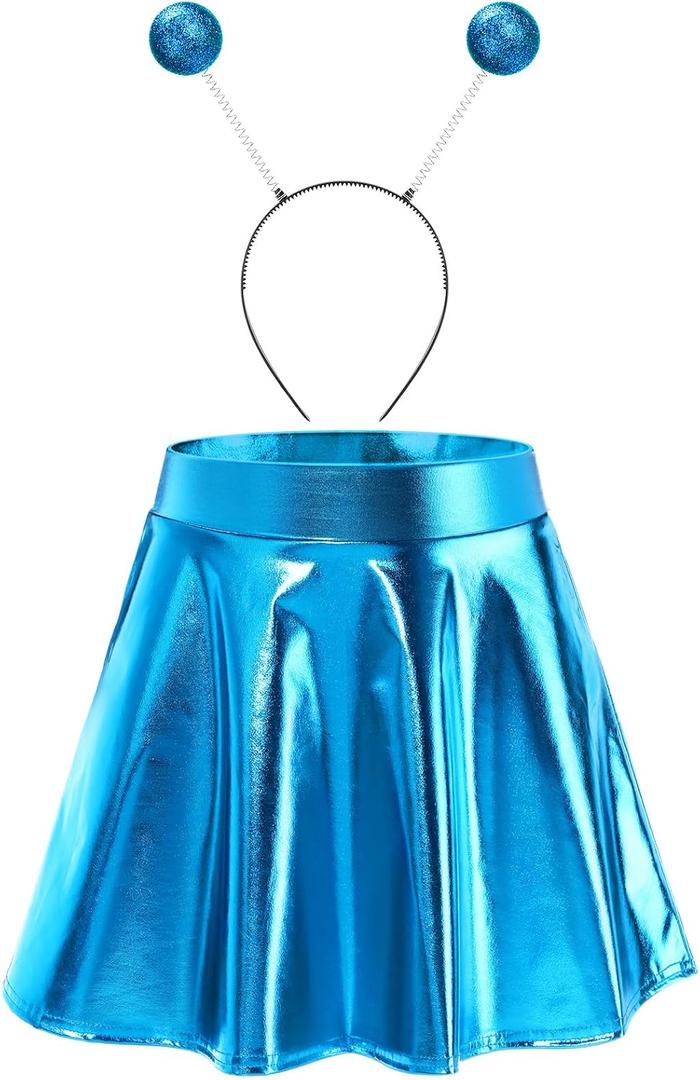 Sintege Halloween Alien Headband and Metallic Flared Pleated Skater Skirt for Costumes Supplies (Blue) Large