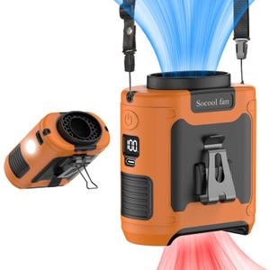 Socool 10000mAh Portable Waist Fan Clip on Wearable Belt Personal Fan Rechargeable Battery Operated with 5 Speeds & Flashlight Neck Hands-Free 40H Cooling for Outdoor Travel Power Bank (Orange)