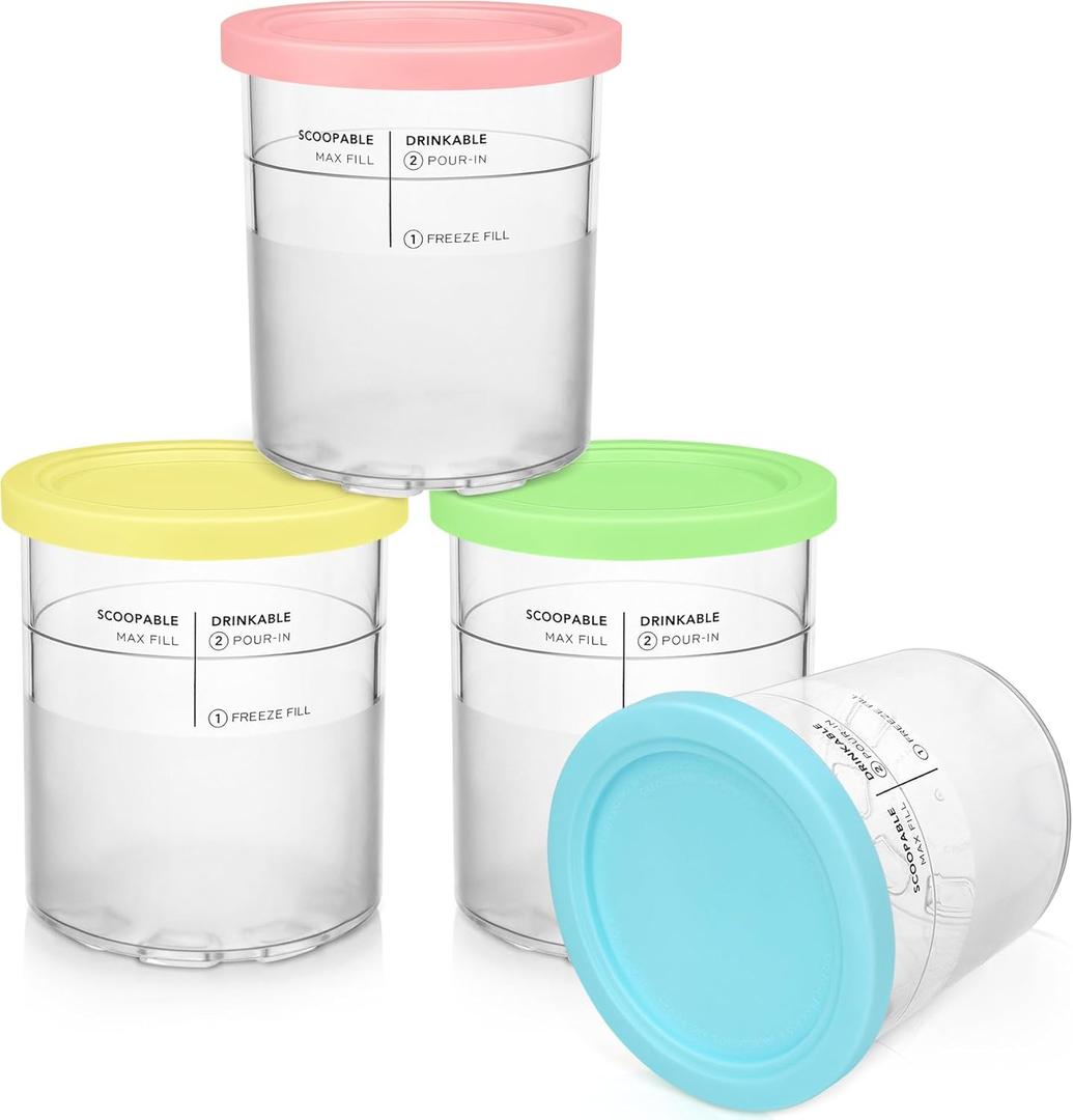 FIRJOY Replacement Pints and Lids for Ninja Deluxe 11-in-1 Creami Maker, Extra 24 oz. Containers - Compatible with NC501, NC500 Series (4 Pack - Blue, Pink, Green, Yellow)
