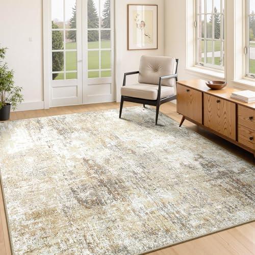 RELEANY Washable Area Rugs 4'x6' Non-Slip Modern Abstract Soft for Living Room Entryway Bedroom Nursery, Print Pattern, Neutral Brown Gray - Worn and Torn, See Images