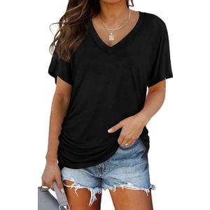 Women's V Neck T Shirts Short Sleeve Summer Casual Loose Dolman Tops with Side Shirring, Size XL 