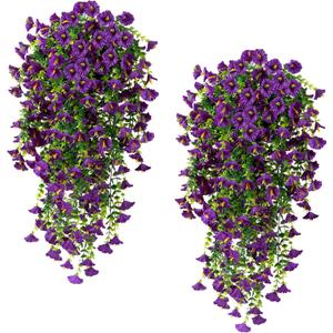 Fanfantoey Artificial Hanging Flowers for Outdoors, 2Pcs UV Resistant Fake Flowers, Realistic Faux Petunias Silk Long Vines Morning Glory Eucalyptus for Outside Planter Porch Patio Home Decor, Purple