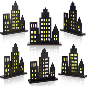 6 Pieces City Skyline Centerpiece Sign Skyscraper Party Decorations Wooden Skyscraper Table Decorations for Hero Theme Birthday Party Supplies