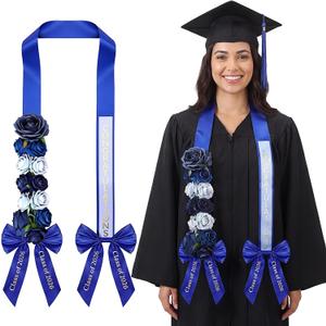 Yinder 2026 Graduation Flower Lei 56'' Artificial Rose Grad Stole Necklace Ribbon Garland Gift for Party Photo Prop Decor(Light Blue and Gold)