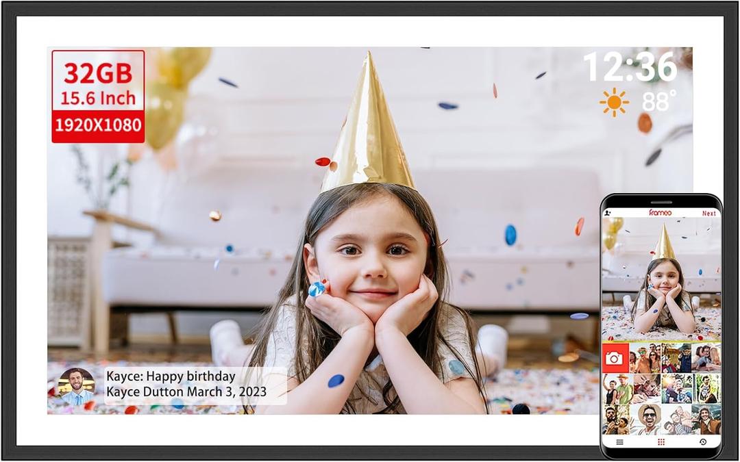 Frameo Digital Picture Frame,15.6 Inch 32GB Large WiFi Digital Photo Frame with 1920x1080 Full HD Touchscreen,Wall Mountable,Auto-Rotate,Easy to Send Pictures and Videos via Free App