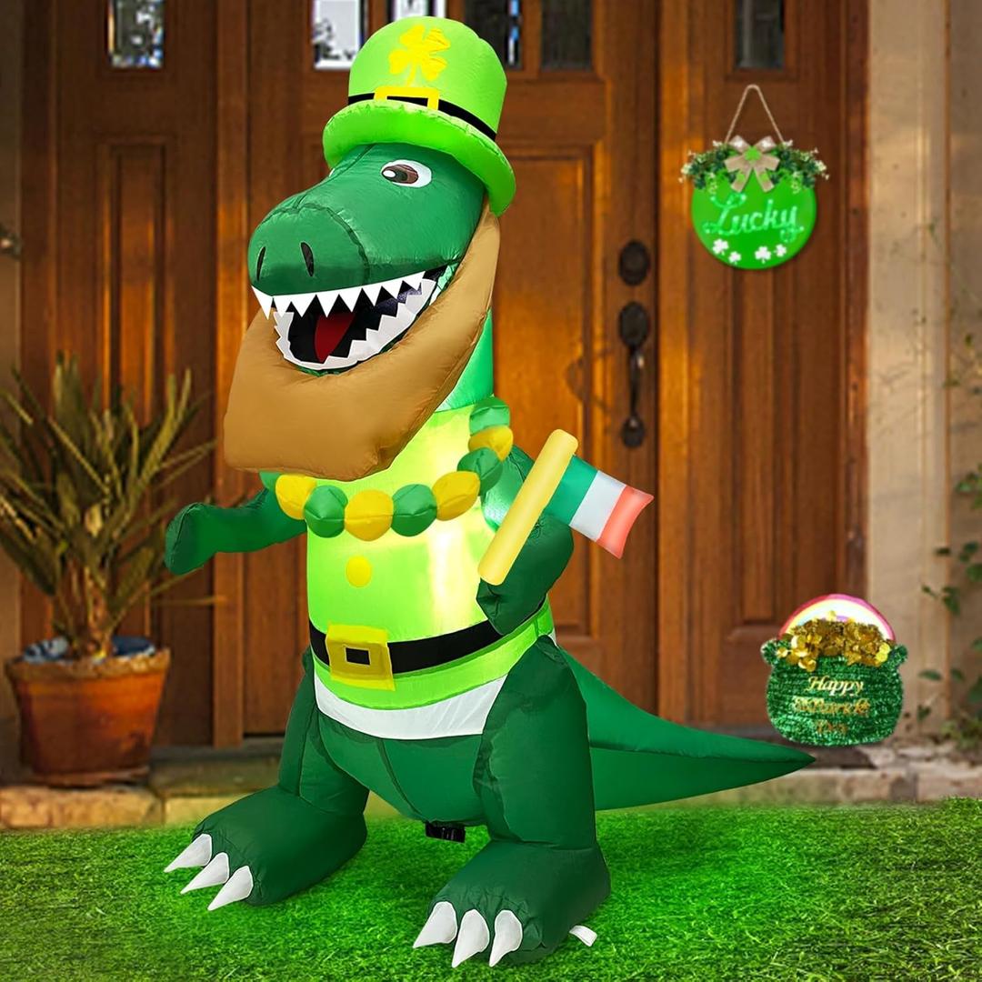 TURNMEON 4FT Dinosaur St. Patrick's Day Inflatables Decorations Outdoor Blow Up Dinosaur Hold Irish Flag Wear Necklace Shamrocks Hat LED Lights St Patricks Day Decor Indoor Home Yard Garden Lawn Party