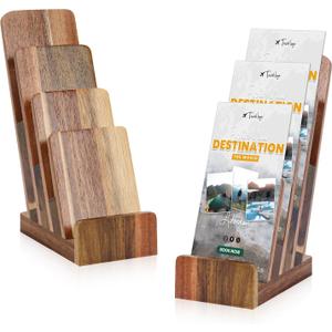 2 Pack Acacia Wood 4 Inch Wide pamphlet holder stand 4-Tier Flyer Display Stand 46 Inch Postcard Greeting Card Countertop Trifold Literature Holder Booklet Menu Organizer For Office Home