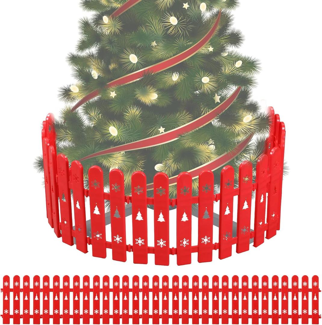 Christmas Tree Fence Protector for Kids, Dogs, Pets - 24 Pack Indoor Plastic Red Picket Fence Decoration