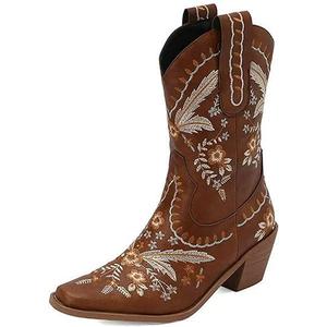 CIERWS Women's Embroidered Western Cowboy Boots Knee High Medium Heel Chunky Heel Fashion Retro Classic Boot, Brown US 5