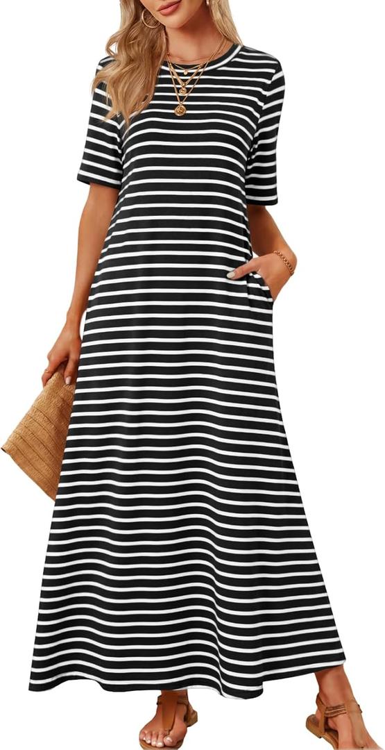 MEROKEETY Summer Casual Maxi Dresses for Women 2026 Vacation Crew Neck Short Sleeve Modest Long T Shirt Dress with Pockets, (XL, Blackwhite)