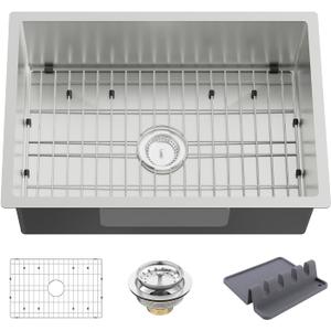 Stainless Steel Drop In Kitchen Sink - 27x18 Inch Modern Undermount Single Bowl - SS Grid, Spoon Rest, Drain Strainer Set