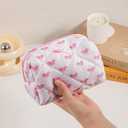 Cute Small Floral Cotton Makeup Bag, Quilted Zipper Pouch with Coquette Bear for Women and Girls, Kawaii Travel Cosmetic Bags for Purse(12White-pink bow)
