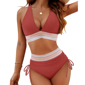 Blooming Jelly Women High Waisted Bikini Sets Tummy Control Swimsuits Color Block Two Piece Drawstring Bathing Suit L