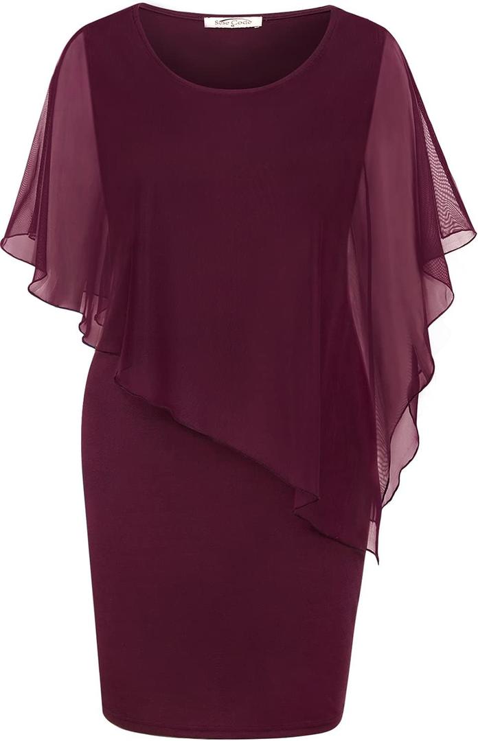 SeSe Code Women's Mesh Cape Overlay Bodycon Knee Length Pencil Dress for Wedding Guest (Large, Wine Red)