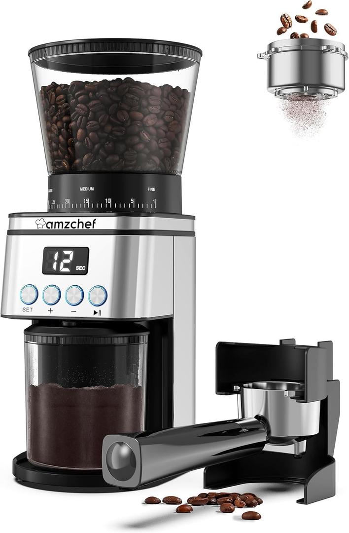 AMZCHEF Conical Burr Coffee Grinder, Coffee Grinder with LED Control Panel, Coffee Bean Grinder for Home, for gift, 30 Grind Settings,Silver
