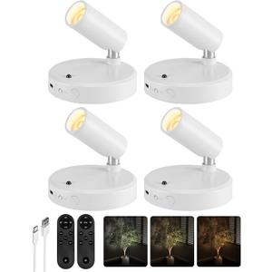 EZVALO Spot Lights Indoor, 5500mAh Rechargeable Plant Spotlights with Remote, Wireless Mini Art Accent Light with Timer & Dimmable, 3-CCT, Uplights Indoor for Plants, Display, Artwork (4-Pack-White)