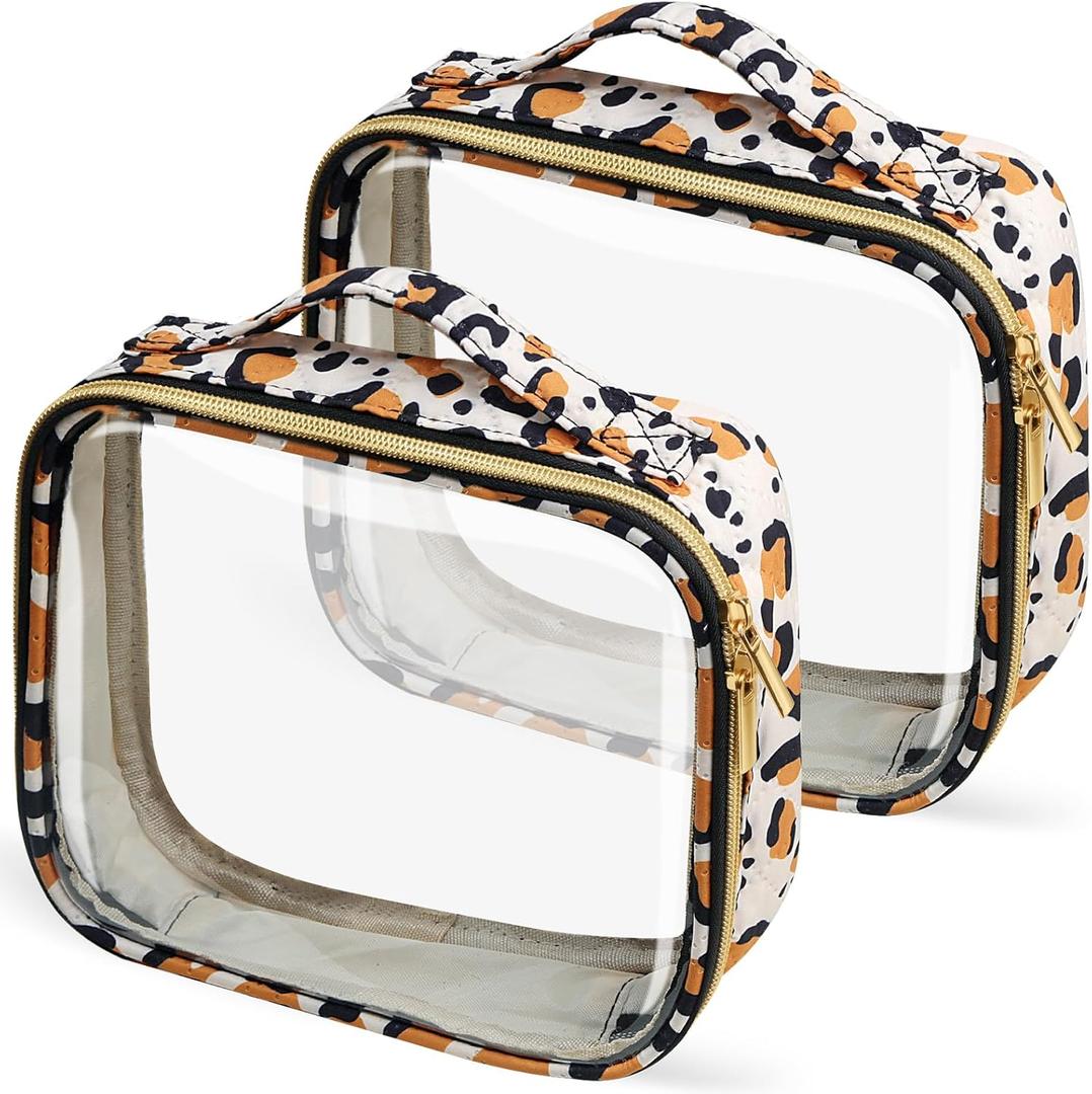 2 x Travel Toiletry Bag,2 Pack Clear Makeup Bags with Handles,180Opening Clear Cosmetic Bags for Traveling Women,Men,Travel Essentials,Leopard