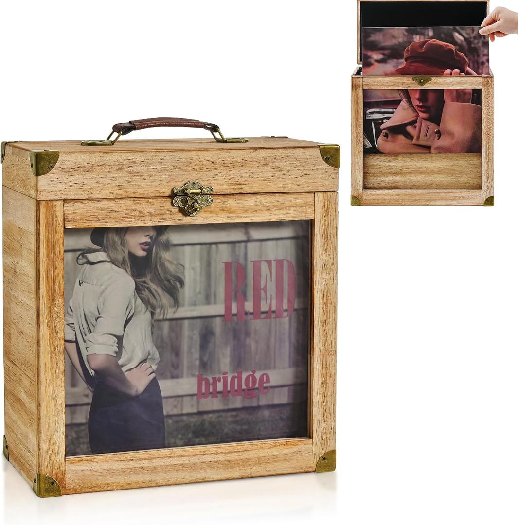 Vinyl Record Storage, Solid Wood Vinyl Record Box with Display Window Fits Standard Records- 7/10 Inch, (Upgrade Latch) Record Storage Case Hold 30-35 Records (Carbonized Brown)