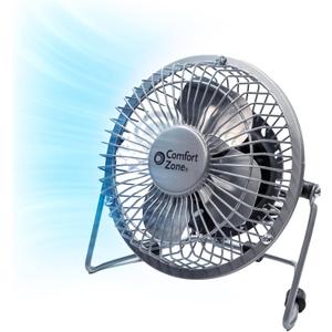 Comfort Zone Mini USB Desk Fan with 360-Degree Adjustable Tilt, Dual Powered (USB or Power Cord, Included), All-Metal Construction, 4 inch Quiet Bedside Table Fan, Silver