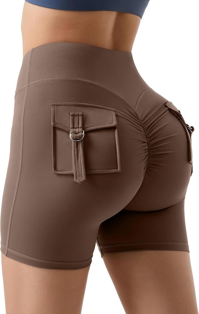 MOOSLOVER Women Workout Biker Shorts with Pockets High Waisted V Cross Shorts Scrunch Butt Yoga Gym Booty Shorts (Small, Brown)