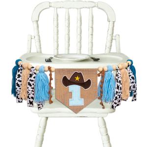 Cowboy High Chair Banner - Rodeo 1st Birthday Tassel Highchair Banner, Western Farm Themed Photo Prop Smash Cake For Boys (Blue)