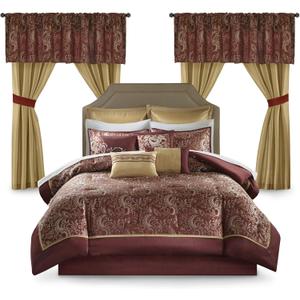 Madison Park Essentials Brystol 24 Piece Room in a Bag Faux Silk Comforter Jacquard Paisley Design Matching Curtains Down Alternative Hypoallergenic All Season Bedding-Set, King (104 in x 92 in), Red