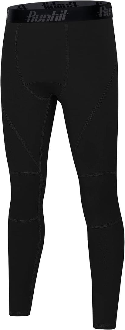 Runhit Boys Compression Leggings Youth Athletic Tights Basketball Compression Pants Boys Base Layer Pants Sports Legging (Large, Black Black Line)
