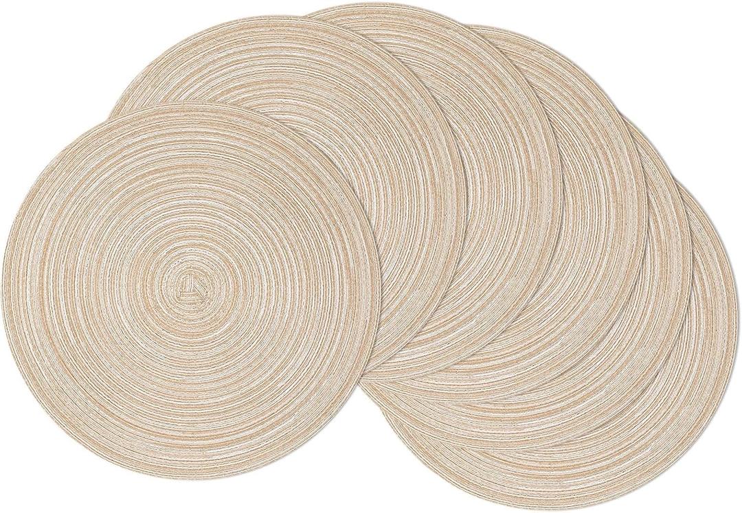 SHACOS Round Placemats Set of 6 Cotton Polyester Braided Place Mats 15 inch Heat Resistant Washable Table Mats for Kitchen Dining Party Natural Table Decor (Beige, 6)