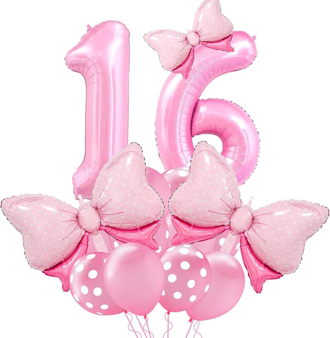 Pink Birthday Balloons, Bow Balloons, Pink 16 balloon numbers 40 Inch, Sweet 16th Birthday Decorations for Girls, sweet 16 balloons for Anniversary Decorations
