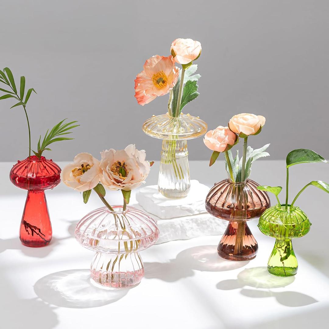 Hewory Glass Mushroom Vase for Flowers, 5pcs Colored Small Bud Flower Vases Unique, Mushroom Propagation Hydroponic Vases, Funky Cottagecore Decor for Home Room Kitchen Office Windowsill Decorations