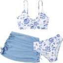 QJQ Girl's 3 Piece Floral Swimsuit Cute V Neck Bikini Set High Waisted Bathing Suit Sheer Mesh Cover Up Skirt (Blue)б 10YR