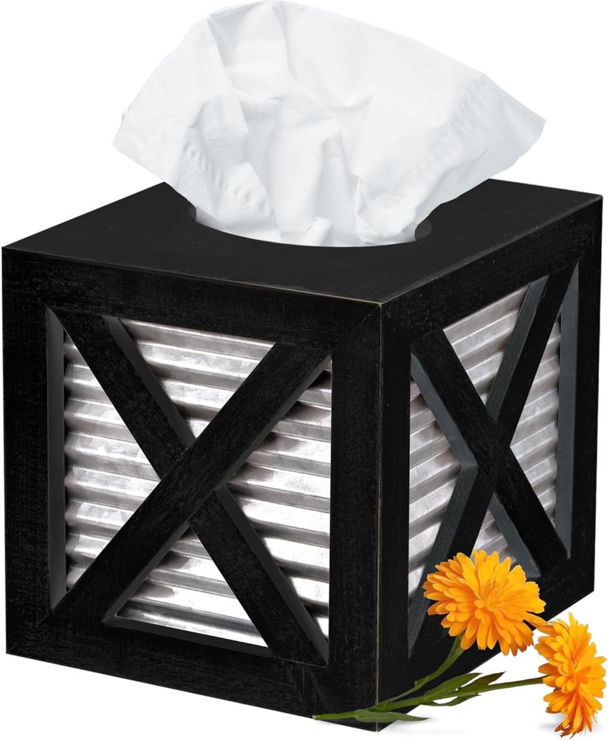 Autumn Alley Barn Door Square Farmhouse Tissue Box Cover in Black and Galvanized  Farmhouse Bathroom Accessories  Rustic Bathroom Dcor Tissue Holder | Wood Galvanized Tissue Box Cover