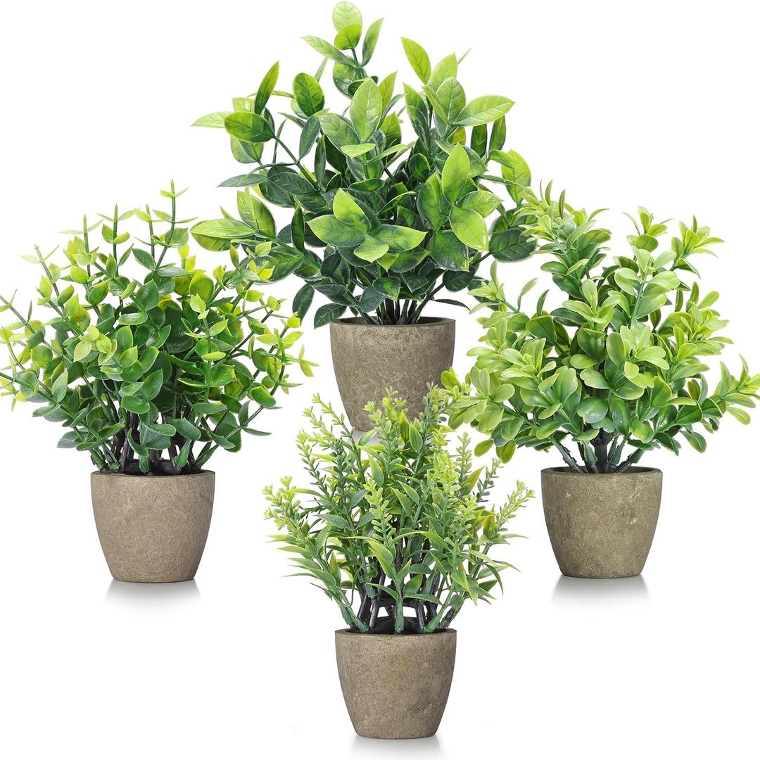 FAVOWREATH 4 Pack Fake Plants Ceramic Mini Artificial Greenery Potted Plants for Home Decor Office Decor Room Decor Farmhouse Decor Indoor Table Bathroom Decor (Grey)