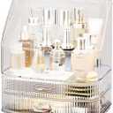 Makeup Organizer Countertop Vanity with Transparent Lid Drawers Waterproof Dustproof Cosmetic Skincare Bathroom Storage Gift for Women Teens Girls (Clear Whtie) (Large)