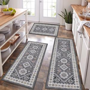 HEBE Boho Kitchen Rug Sets 3 Piece with Runner Non Slip Kitchen Rugs and Mats Washable Kitchen Mats for Floor Thick Kitchen Floor Mat Carpet Runner Rugs for Hallway Laundry Holiday Decor (20"x32"+20"x48"+20"x59", Natural/Grey)