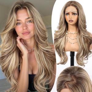 13x4 HD Lace Front Synthetic Wig for Women 26 Inch,Heat Resistant Long Wave Layered, Glueless Lace Front Wigs, Easy to Wear & StyleAsh Blonde Highlight
