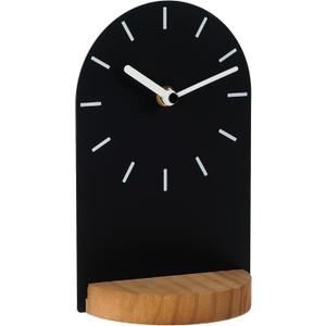 SOFFEE DESIGN One-Piece Table Clock Iron Sheet with Wooden Base Ins Style, Desktop Clock Non Ticking Battery Operated for Living Room Bedroom Home Decor, Black