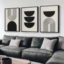 Framed Boho Wall Art for Living Room, Large 3 Piece Neutral Geometric Black and Beige Abstract Pictures Wall Art Decor, Farmhouse Vintage Artwork Home Decor for Hallway Office Guest Room 24x36 Inch