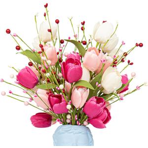 Valentines Day Decorations, 6 Pack Artificial Flowers 17inch Valentines Day Picks with Tulip Berry for Valentines Day Wedding Party Center Pieces Decoration (Red White)