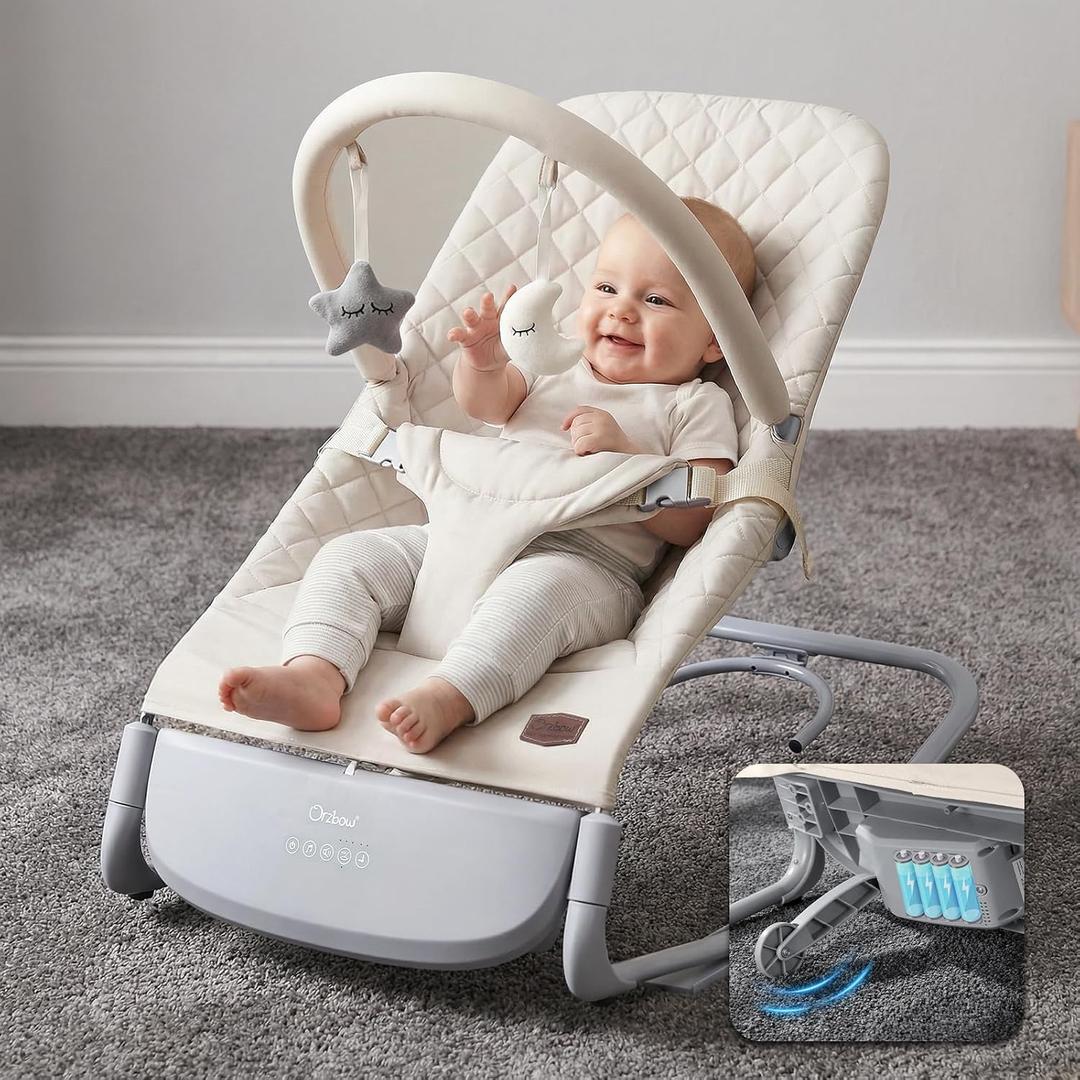 Orzbow Electric Baby Bouncer & Rocker with Innovative Auto Rocking Motion, Adaptable 3-Speed, Smart Tap Sensing, Soothing Sounds, and 3 Recline Positions, 2-in-1 Automatic Baby Rocker Chair, Beige