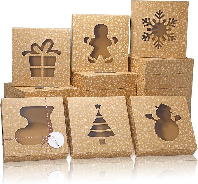COTOPHER 18Pcs Christmas Cookie Boxes with Window, 10x10x2.5 inch Brown Bakery Boxes for Gift Giving, Snow Pattern Treat Boxes Holiday Pastries Boxes for Cakes Muffins Donuts Chocolate Strawberries