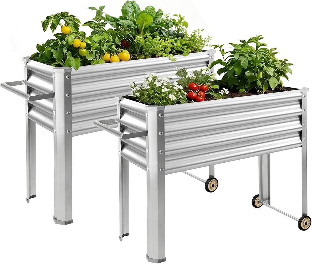 Land Guard 2 Pack Galvanized Raised Garden Bed with Legs & Wheels, 361232in Metal Elevated Raised Planter Box for Backyard, Patio, Balcony, 300lb Capacity, Silver (36×12×32in (2-Pack))