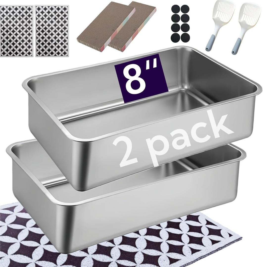 2 Pack Stainless Steel Cat Litter Box with High Sides - Metal Cat Pan, Large Indoor Litter Tray, Never Absorbs Odor, Pet Toilet Supplies Smooth Surface for Kitten, Kitty, Rabbit 19.7"x13.8"x8"