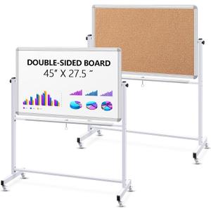 Eersida Rolling Whiteboard on Wheels, Double-Sided Magnetic Dry Erase Board with Cork Board, Adjustable Height Mobile Whiteboard for Office, Classroom, Home Presentation(45''X 27.5'')